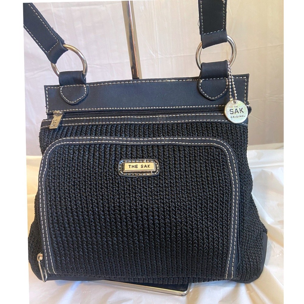 The Sak Black Crochet/Leather‎ Trim Crossbody Multi Pocket Adjst. Strap Handbag